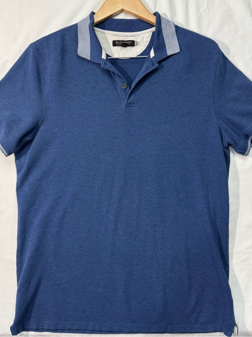 Banana Republic Performance Pique Polo Men L Blue Birdseye Stretch Shirt